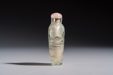 A Chinese inside-painted glass snuff bottle with two men wearing straw raincoats, dated 1911