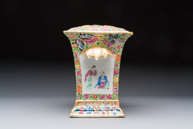 A Chinese Canton famille rose bough pot with narrative design, 19th C.