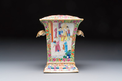 A Chinese Canton famille rose bough pot with narrative design, 19th C.
