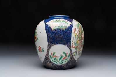 A Chinese famille verte gilt-decorated blue-ground 'Dragon and Phoenix' vase, Kangxi mark, 19th C.