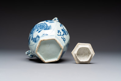 A Chinese blue and white 'Mythical Beasts' wine pot and cover, Transitional period