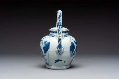 A Chinese blue and white 'Mythical Beasts' wine pot and cover, Transitional period