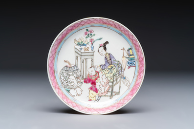 A fine Chinese famille rose 'Court Lady and a Boy' cup and saucer, Yongzheng