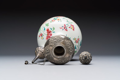 A silver-mounted Chinese famille rose kendi with floral design, Qianlong