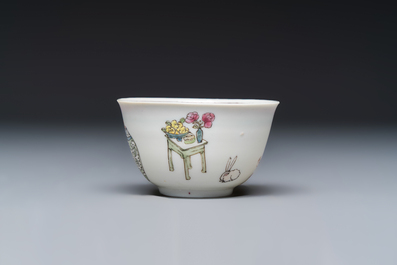 A fine Chinese famille rose 'Court Lady and a Boy' cup and saucer, Yongzheng