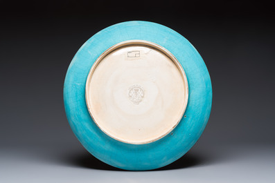 A French polychrome enamelled Longwy 'Cranes among Clouds' charger, 20th C.
