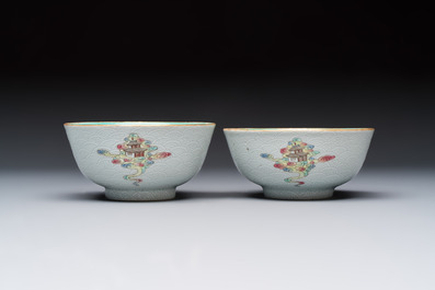 A pair of Chinese famille rose sgraffiato-ground 'Zhang Guolao' bowls, Daoguang mark and of the period
