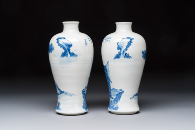 A pair of Chinese blue and white 'Meiping' vases with figures and a poem, signed Xu Banqiu 徐半秋, Kangxi mark, 19th C.