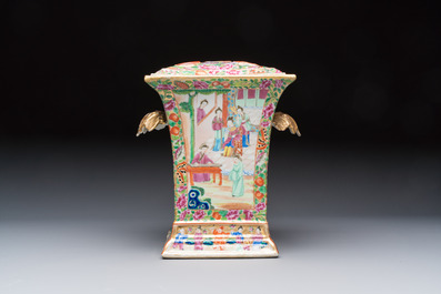 A Chinese Canton famille rose bough pot with narrative design, 19th C.
