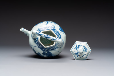 A Chinese blue and white 'Mythical Beasts' wine pot and cover, Transitional period