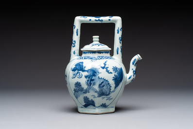 A Chinese blue and white 'Mythical Beasts' wine pot and cover, Transitional period