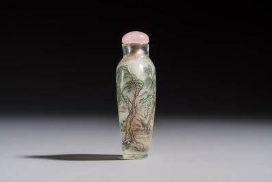 A Chinese inside-painted glass snuff bottle with two men wearing straw raincoats, dated 1911