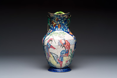 A large Chinese Canton enamel basin and jug with narrative design, early 19th C.