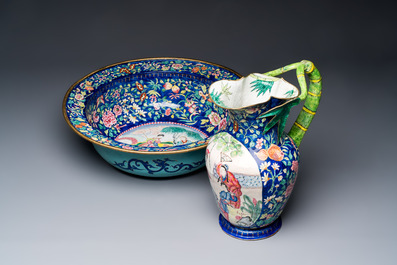 A large Chinese Canton enamel basin and jug with narrative design, early 19th C.