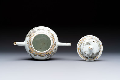 A Chinese export grisaille and gilt-decorated 'European Subject' teapot and cover, Qianlong