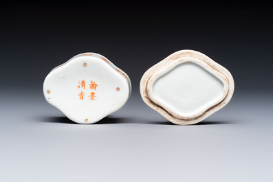 A Chinese famille rose teapot and two covered boxes, various marks, Republic