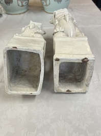 A pair of large Chinese Dehua blanc de Chine Buddhist lion joss stick holders, 19th C.