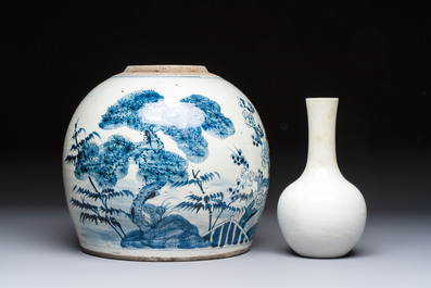 A Chinese turquoise-glazed Guanyin, a white-glazed bottle vase and a blue and white jar, 19th C.