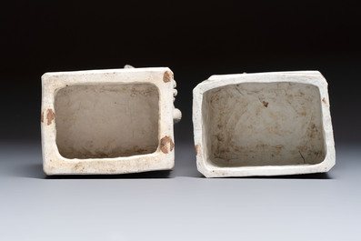 A pair of large Chinese Dehua blanc de Chine Buddhist lion joss stick holders, 19th C.