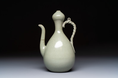 A Korean celadon-glazed ewer with twisted handle, 20th C.