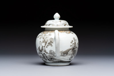 A Chinese export grisaille and gilt-decorated 'European Subject' teapot and cover, Qianlong