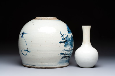 A Chinese turquoise-glazed Guanyin, a white-glazed bottle vase and a blue and white jar, 19th C.