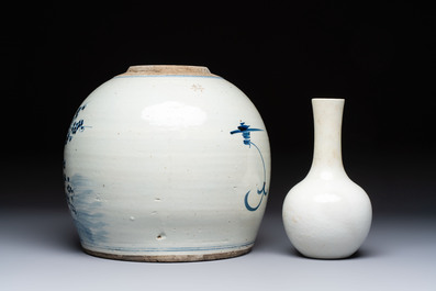 A Chinese turquoise-glazed Guanyin, a white-glazed bottle vase and a blue and white jar, 19th C.