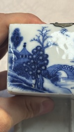 A Chinese blue and white 'Mountainous Landscape' writing set with an inkwell, sander and candlestick, Qianlong