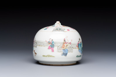 A Chinese famille rose teapot and two covered boxes, various marks, Republic