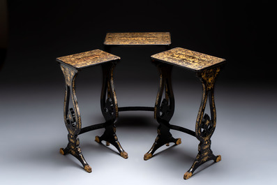 A set of three Chinese Canton gilt-lacquered nesting tables with narrative design, 19th C.