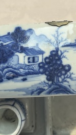 A Chinese blue and white 'Mountainous Landscape' writing set with an inkwell, sander and candlestick, Qianlong