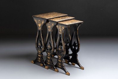 A set of three Chinese Canton gilt-lacquered nesting tables with narrative design, 19th C.