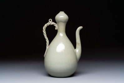 A Korean celadon-glazed ewer with twisted handle, 20th C.