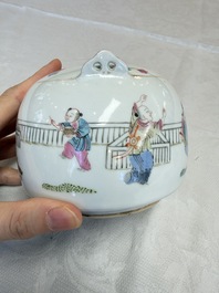A Chinese famille rose teapot and two covered boxes, various marks, Republic