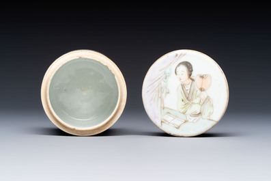 A Chinese famille rose teapot and two covered boxes, various marks, Republic