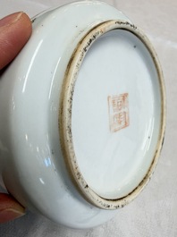 A Chinese famille rose teapot and two covered boxes, various marks, Republic