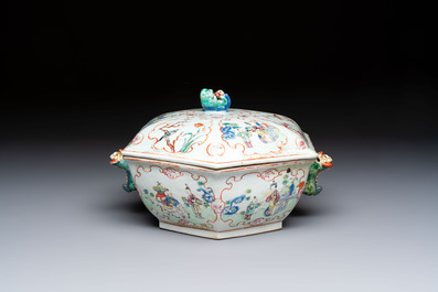 A Chinese Canton famille rose hexagonal tureen and cover, Qianlong