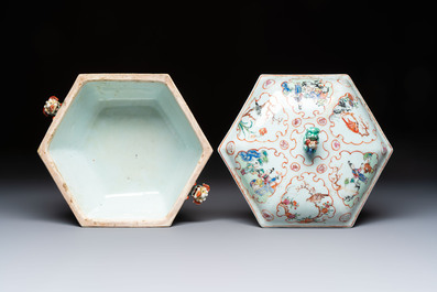 A Chinese Canton famille rose hexagonal tureen and cover, Qianlong