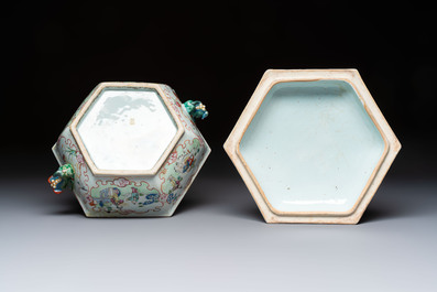 A Chinese Canton famille rose hexagonal tureen and cover, Qianlong