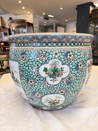A Chinese famille verte 'Phoenixes and Mountainous Landscape' fish bowl or jardini&egrave;re, 19th C.