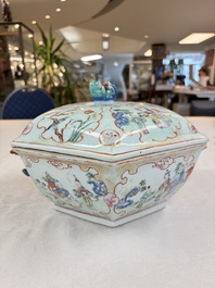 A Chinese Canton famille rose hexagonal tureen and cover, Qianlong