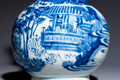 A rare Chinese blue and white bottle vase with narrative design, Transitional period