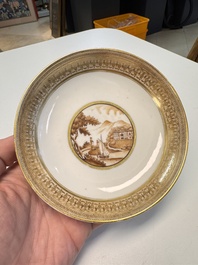 A pair of Chinese gilt-decorated sepia 'Riverscape' cups and saucers, Jiaqing