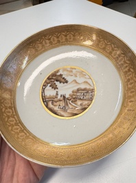 A pair of Chinese gilt-decorated sepia 'Riverscape' cups and saucers, Jiaqing