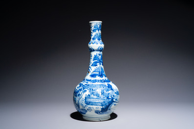A rare Chinese blue and white bottle vase with narrative design, Transitional period