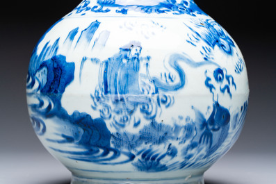 A rare Chinese blue and white bottle vase with narrative design, Transitional period