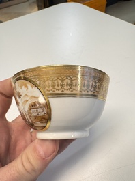 A pair of Chinese gilt-decorated sepia 'Riverscape' cups and saucers, Jiaqing