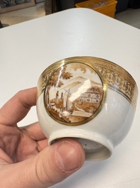 A pair of Chinese gilt-decorated sepia 'Riverscape' cups and saucers, Jiaqing