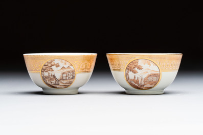 A pair of Chinese gilt-decorated sepia 'Riverscape' cups and saucers, Jiaqing