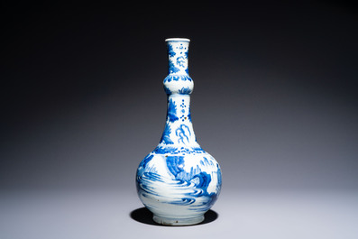 A rare Chinese blue and white bottle vase with narrative design, Transitional period